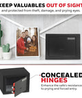 Bolt Down Small Safe Box For Valuables With Steel Security And Key Lock next to photo frame on shelf, concealed hinges visible