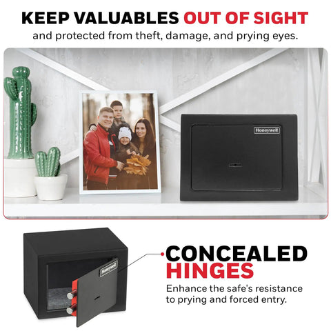 Bolt Down Small Safe Box For Valuables With Steel Security And Key Lock next to photo frame on shelf, concealed hinges visible