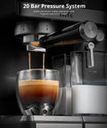 20 Bar Automatic Espresso Machine brewing espresso with rich crema in glass cup, showcasing professional coffee making.