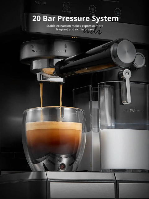 20 Bar Automatic Espresso Machine brewing espresso with rich crema in glass cup, showcasing professional coffee making.
