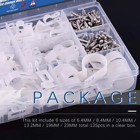 White Nylon R Type Cable Clip Wire Clamp Kit 135 Pieces In Six Sizes With Screws in Plastic Box