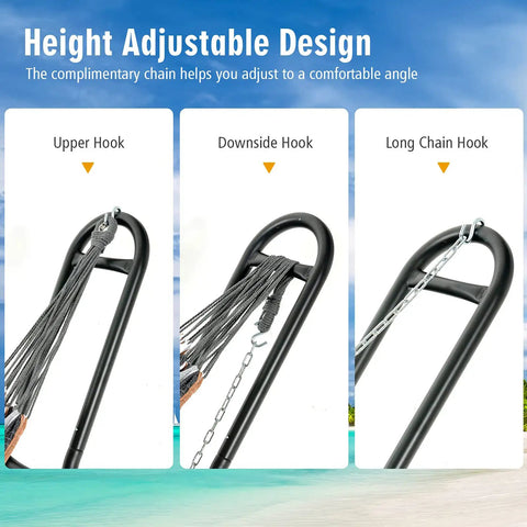 Height adjustable design showing hooks and chains on Heavy Duty Steel Hammock Stand For Indoor And Outdoor Use Yard Ready Fits 9 To 13 Foot Hammocks With 450 Pound Capacity Two Adjustable Chains And S Hooks Universal Frame For Brazilian And Spreader Bar Hammocks