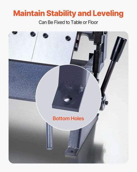 Close-up of a Box And Pan Brake showing the bottom holes for stability, suitable for 12-inch sheet metal bending and DIY projects.