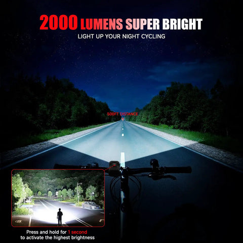 Ultra Bright 2000 Lumens Bike Light Set With Front Headlight And Rear Taillight, USB C Rechargeable, 3000mAh Battery, 6 Front Modes And 5 Rear Modes, Waterproof IP65, Aluminum Body For Night Riding, Commuting, And Safe Streets