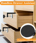Handless drawer assistant clamps on wooden drawers with protection pad detail, preventing scratches.