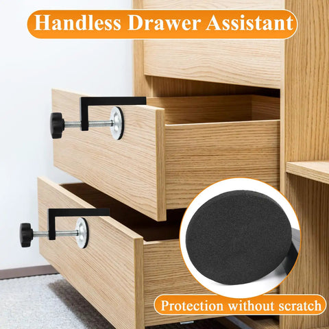Handless drawer assistant clamps on wooden drawers with protection pad detail, preventing scratches.