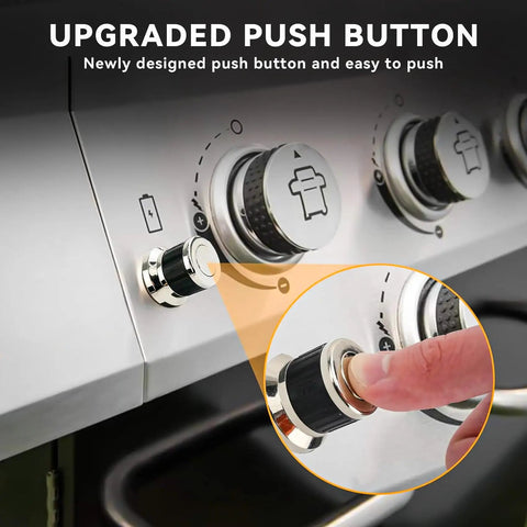Close-up of 2 Outlet Universal Spark Generator Igniter Switch For Gas Grills, installed on a grill, showing push button activation.