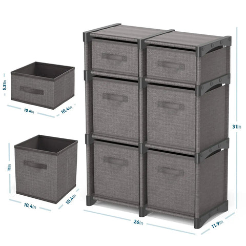 Six Cube Storage Organizer With Fabric Bins, Durable Grey Cube Shelves, shown with dimensions and space saving design.