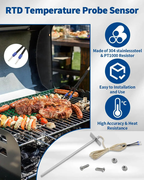 7 Inch RTD Temperature Probe Sensor Replacement For Pellet Grills 304 Stainless Steel With PT1000 Internal Ambient Probe And 47 Inch Cable Compatible With Z Grill And Other Popular Pellet Grills, installed on grill