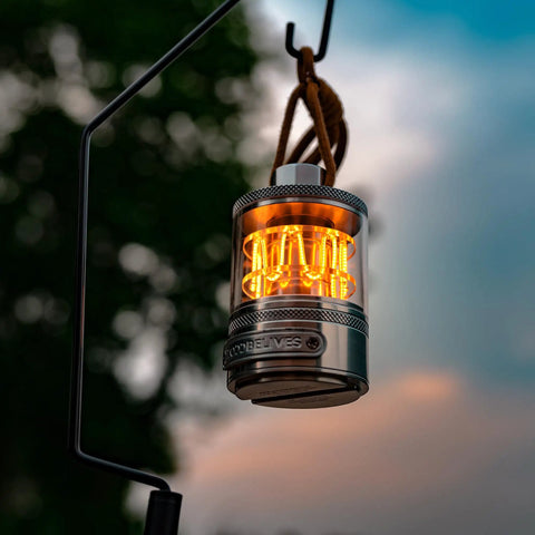 Vintage Aluminum Camping Lantern With Dimmable 2100K Warm Glow Handcrafted Alloy USB C Power 72 Hour Runtime hanging outdoors