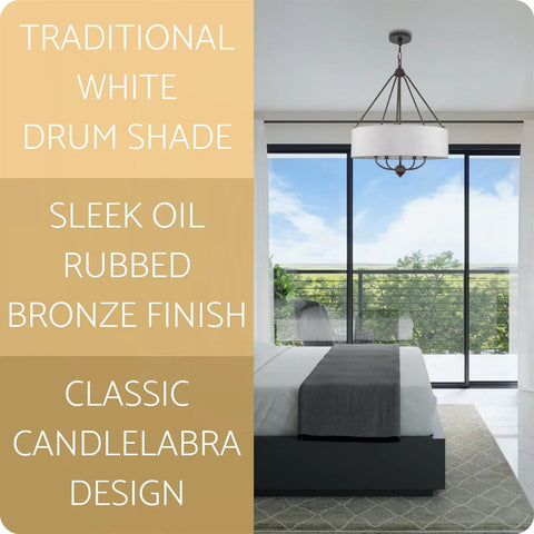 Beatrix 26 Inch Traditional 5 Light Chandelier With Adjustable Chain Link Hanging Light And White Linen Drum Shade In Oil Rubbed Bronze Finish For A Timeless Classic With A Modern Twist Dining Room Or Foyer Vibe installed in modern bedroom