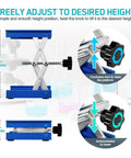 Two blue aluminum lab jack stands with scissor-lift platform, 4x4 in, adjustable height, max 5 kg.