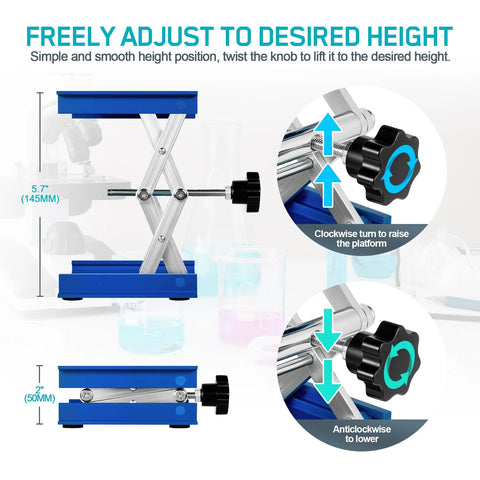 Two blue aluminum lab jack stands with scissor-lift platform, 4x4 in, adjustable height, max 5 kg.