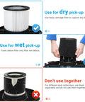 Image showing foam and hepa filters with text on usage for wet and dry pick-ups, related to 4 Pack Wet Foam Filter Replacements 25-1202.