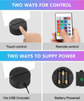 Six Sets Of 3D Night LED Light Lamp Bases With Clear Acrylic Sheets Remote Controls And USB Cables For Restaurant Bar Cafe Shop Room Decor Square Style showing control and power options.