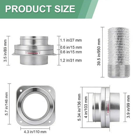 Magnetic Dryer Vent Connector Kit With Airtight Seal, dimensions include 4-inch duct size and 3.3ft run.