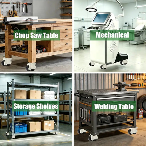 Heavy Duty Leveling Casters With Ratchet Handle Set Of 4 2200 Lb Capacity Steel Core Built Like A Tank Smooth Roll Foundation For Garage Setup on various tables and shelves.