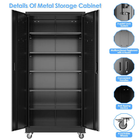Open black industrial metal garage storage cabinet on wheels with 5 adjustable shelves and detailed view of features