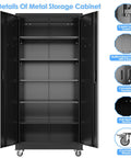 Beefy Metal Storage Cabinet With Wheels And Pegboard 71 Inch Tall Garage Organizer With 5 Adjustable Shelves And Locking Doors Heavy Duty Steel Utility Cabinet For Home Workshop Or Office with open doors.
