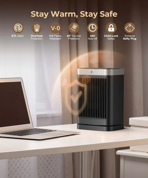 Space Heater With Motion Sensor Portable Indoor Ceramic Heater 1500W on an office desk, highlighting safety features.