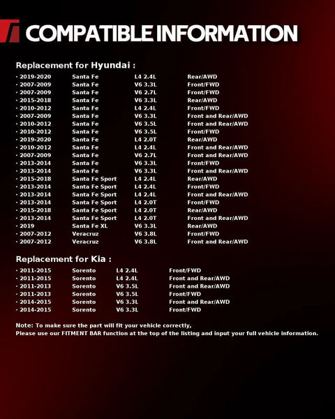 Compatibility chart for Front Wheel Hub Bearing Assembly 513266 Replacement For Hyundai and Kia vehicles, AWD/FWD models.