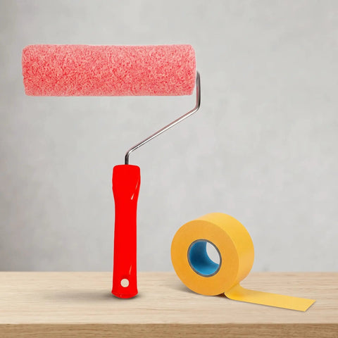 Slick Wall Texture Roller For Interior Painting With Adhesive Masking Paper Heavy Duty Build, red handle with pink roller.