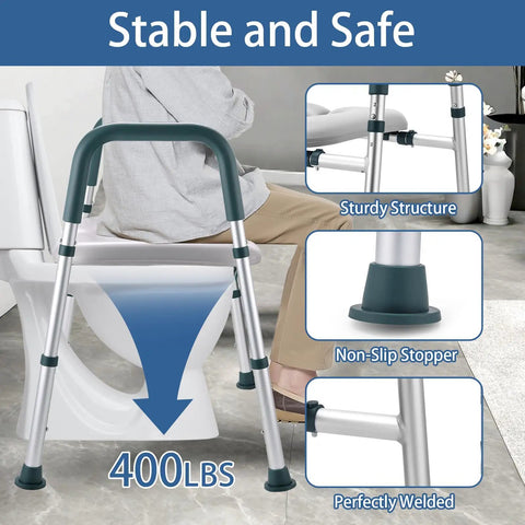 Straight Up Raised Toilet Seat With Cozy Padded Handles And Adjustable Height For Seniors Hefty 400 Pound Capacity showing sturdy aluminum frame with non-slip feet.