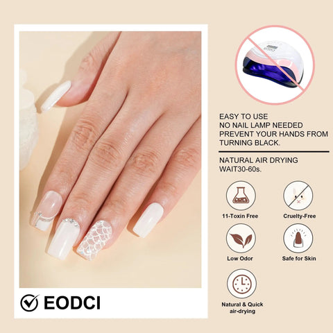 Close-up of manicured nails using Milk White Nail Dip Powder, featuring an elegant hand design, no lamp required.