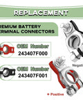 Top Shelf Battery Terminal Connectors For Nissan Altima Maxima Sentra Owners, Positive Negative Clamps with OEM 243407F000 and 243407F001.