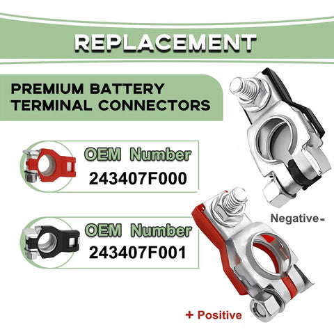 Top Shelf Battery Terminal Connectors For Nissan Altima Maxima Sentra Owners, Positive Negative Clamps with OEM 243407F000 and 243407F001.