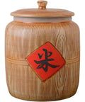 Heavy Duty Ceramic Grain Dispenser Jar With Secure Locking Lid, intricate wood design, large for pantry storage.