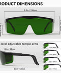Product dimensions of Heavy Duty Blue Laser Safety Glasses With OD4 Plus Lens Block 400nm To 500nm Wavelengths.