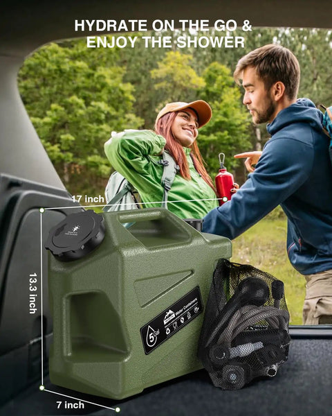 Portable Camping Shower With 5-Gallon Food Grade Water Jug, Rechargeable Battery, Electric Outdoor Shower Pump For Hiking, Beach, Travel, Pet Bath, IPX6 Waterproof, Built Tough No Fuss Setup shown with campers in the background.