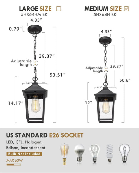 Outdoor Pendant Light For Porch And Patio Farmhouse Exterior Hanging Lantern With Adjustable Chain Matte Black Finish And Seeded Glass Weatherproof ETL Listed For Wet Locations Durable Rust Resistant Exterior Lighting
