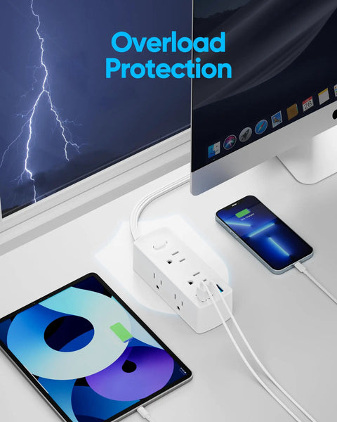 Super Slick Flat Plug Power Strip With 5 Ft Extension Cord 6 Widely Spaced Wall Outlets Plus 3 Fast Charge USB Ports For Hiding Behind Furniture Setup White 2 Pack Bundle on desk with devices.
