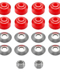 Three Eighths Inch Universal Sway Bar Bushing Repair Kit With Stainless Steel Washers And Nuts For Front Stabilizer Bar Bushings, Built Tough, Corrosion Resistant Hardware, Easy Install. red bushings, washers, nuts