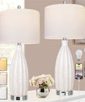 27 Inch Ceramic Table Lamp Set Of 2 With USB Port 3 Color Temperature White Rattan Texture Tall Living Room Bedroom Lamps