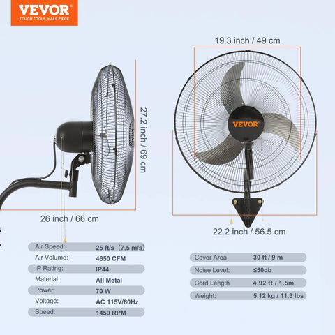 20 Inch Wall Mount Oscillating Fan With Three Speed Beefy Airflow Up To 4650 CFM For Indoor Commercial Industrial Use ETL Listed