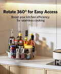 4 Pack Lazy Susan Organizer Set in use on kitchen countertop, showcasing easy access to condiments with 360-degree rotation.