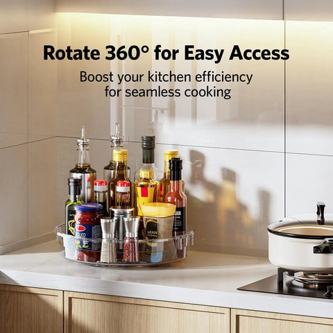 4 Pack Lazy Susan Organizer Set in use on kitchen countertop, showcasing easy access to condiments with 360-degree rotation.