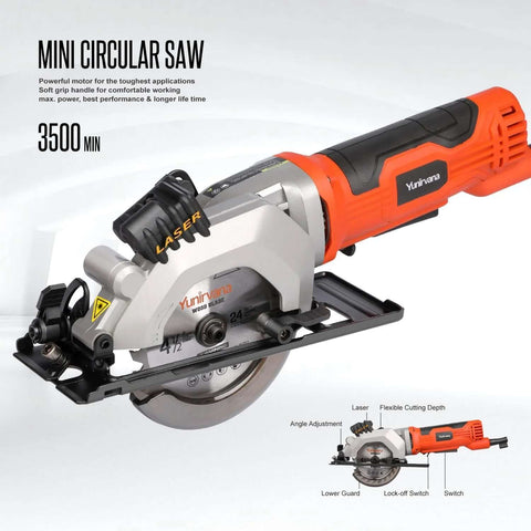 Yunirvana mini circular saw with laser guide, orange/black body, includes two 4-1/2 in 24T blades