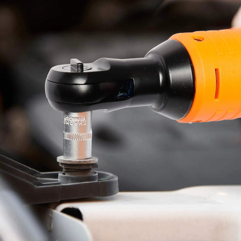 Cordless Three Eighths Inch Drive Ratchet Wrench Set With 12V Battery And Charger Kit in use, orange and black handle close-up