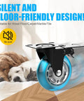 One blue 2-inch polyurethane swivel plate caster with locking brake on a black mounting plate.