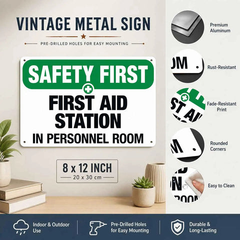 Durable Aluminum First Aid Station Sign 8 By 12 Inches For Office, Shop, Factory, Warehouse And Public Areas, rust resistant
