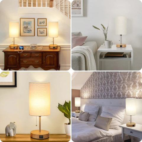 Two Pack Table Lamps With USB Ports For Living Room Bedroom Office Modern Bedside Nightstand Lamps Dope Cream Fabric Shade Oak Metal Base With Pull Chain For Reading Dorm Hotel showcasing various room settings