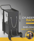 Two Tier Welding Cart With Locking Cabinet, Heavy Duty Shop Organizer, gas cylinder rack, cable wraps, swivel casters visible