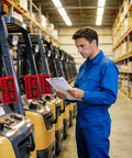 Straight-Up Red Out Of Service Tags With Galvanized Wire Ties, 200 Pack Heavy Duty Laminated Repair Required Lockout Signs For OSHA Wall Mounting Industrial Machine And Valve Inspection Safety Gear on forklifts in a warehouse.
