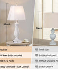 Comparison of 30-inch and 21-inch farmhouse table lamps, highlighting size, bulb inclusion, USB ports, and dimmable features.