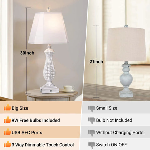 Comparison of Set Of 2 30 Inch Dimmable Touch Table Lamps With USB And Type C Ports to a smaller 21-inch lamp.