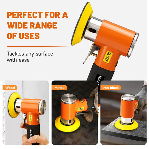 Beast Mini Random Orbital Air Sander Kit 1 2 3 Inch for auto body, metal, woodworking with yellow disc on various surfaces